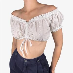 White eyelet off the shoulder lace up milkmaid cropped top - fits like small
